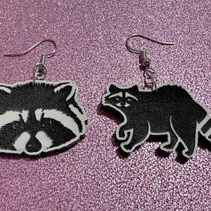 Raccoon Earrings: Laser Cut Acrylic Racoons, Animals, Bandit Racoon, Cute Thief, Trash Panda Earrings, Zoo, Best Gifts for Her/Him/Them