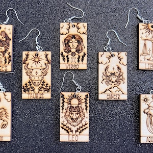 Pendientes de madera del zodiaco: Signos astrológicos de madera cortados con láser, Leo, Escorpio, Aries, Piscis, Cáncer, Virgo, Géminis, Acuario, Regalos para ella/él/ellos