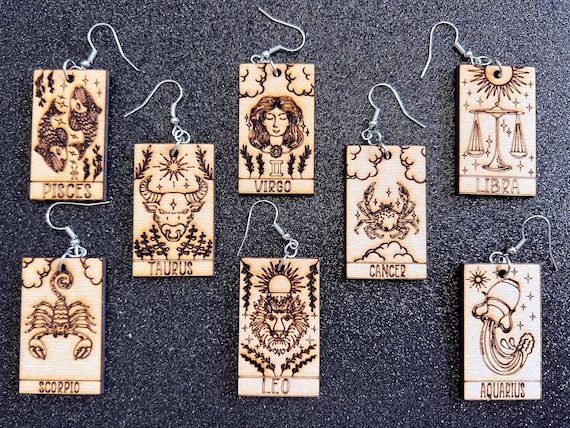 Wooden Zodiac Earrings: Laser Cut Wood Astrology Signs, Leo, Scorpio, Aries, Pisces, Cancer, Virgo, Gemini, Aquarius, Gifts for Her/Him/Them