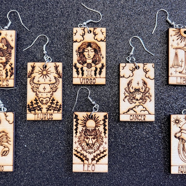 Wooden Zodiac Earrings: Laser Cut Wood Astrology Signs, Leo, Scorpio, Aries, Pisces, Cancer, Virgo, Gemini, Aquarius, Gifts for Her/Him/Them