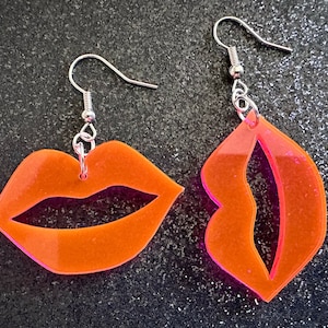Neon Pink Lip Earrings: Laser Cut Acrylic Lips, Makeup, Girl, Woman, Love, Kiss, Cute, Valentines, Anniversary, Best Gifts for Her/Him/Them