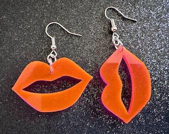 Neon Pink Lip Earrings: Laser Cut Acrylic Lips, Makeup, Girl, Woman, Love, Kiss, Cute, Valentines, Anniversary, Best Gifts for Her/Him/Them