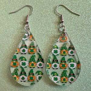 Green Gnome Earrings: Laser Cut Acrylic Gnomes, St. Patrick&#39;s Day, Green Earrings, Leprechaun, Four Leaf Clover, Best Gifts for Her/Him/Them