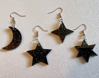 Sparkly Star and Moon Earrings: Laser Cut Acrylic Stars, Magic, Night Sky, Astrology, Astronomy, Gifts for Her/Him/Them