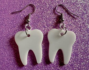 Tooth Earrings: Laser Cut Acrylic Teeth, Dentist, Dental Health, Teeth, Molar, Anatomy, Halloween, Gag Gift, Best Gifts for Her/Him/Them