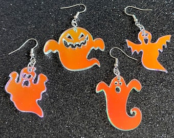 Iridescent Ghost Earrings: Laser Cut Acrylic Ghosts, Halloween, Haunted, Scary, Spooky, Gifts for Her/Him/Them