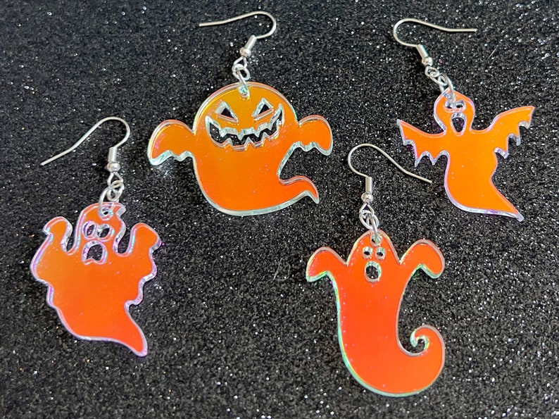 Iridescent Ghost Earrings: Laser Cut Acrylic Ghosts, Halloween, Haunted, Scary, Spooky, Gifts for Her/Him/Them image 1