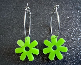 Green Flower Earrings: Laser Cut Acrylic Flowers on Loops, Floral, Flowers, Tropical, Botanical, Summer Vibes, Best Gifts for Her/Him/Them