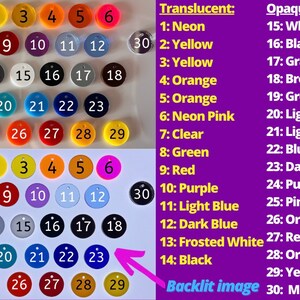 May include: A chart showing 30 different colored round plastic discs with numbers 1 through 30 printed on them. The chart is divided into two sections: translucent and opaque. Each section lists the colors and corresponding numbers. The text "Backlit image" is printed at the bottom of the chart.