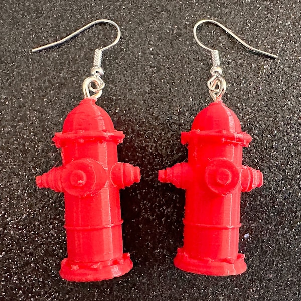 Red Fire Hydrant Earrings: 3D Printed Fire Hydrants, Firefighter, Miniature Fire Hydrant, Fire Station, Dog, Best Gifts for Her/Him/Them