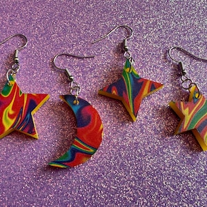 Rainbow Star & Moon Earrings: Laser Cut Acrylic Stars, Magic, Night Sky, Astrology, Space, Colorful, Galaxy, Gifts for Her/Him/Them