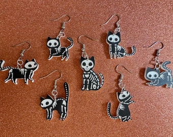 Dainty Halloween Cat Earrings: Laser Cut Acrylic Cat Skeletons, Black Cats, Spooky Cats, Kittens, Felines, Meow, Best Gifts for Her/Him/Them