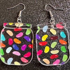 Jelly Bean Earrings: Laser Cut Acrylic Jelly Beans in Jars, Candy, Sweet, Dessert, Novelty Earrings, Rainbow, Best Gifts for Her/Him/Them
