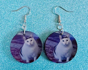 Huh Cat Meme Earrings: Wooden Sublimated Meme Earrings, Cat Saying Huh Meme, Cat Memes, Novelty, Pop Culture, Best Gifts for Her/Him/Them