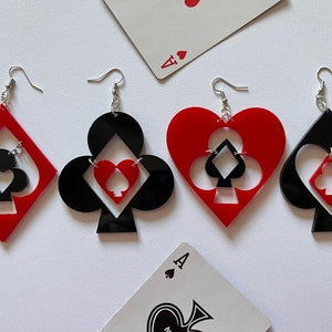 Orecchini con semi di carte da gioco: cuore acrilico tagliato al laser, diamante, picche, fiori, serata di giochi, gioco d'azzardo, poker, casinò, i migliori regali per lei/lui/loro