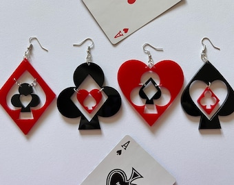 Brincos de naipe de cartas de baralho: coração acrílico cortado a laser, diamante, espadas, paus, noite de jogo, jogo, pôquer, cassino, melhores presentes para ela/ele/eles