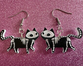 Dainty Halloween Cat Earrings: Laser Cut Acrylic Cat Skeletons, Black Cats, Spooky Cats, Kittens, Felines, Meow, Best Gifts for Her/Him/Them