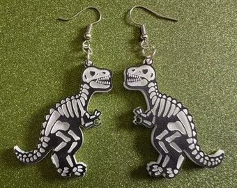 T-Rex Skeleton Earrings: Laser Cut Acrylic Dinosaurs with Hole, Halloween, Custom Dino Earrings, Tyrannosaurus, Best Gifts for Her/Him/Them