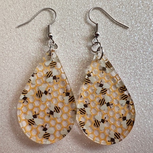Bee Earrings: Laser Cut Acrylic Honey Bees, Bumblebees, Bumble Bees, Honeybees, Insects, Honey, Yellow, Hive, Best Gifts for Her/Him/Them