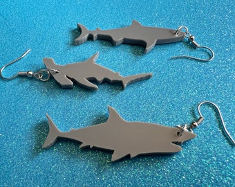 Shark Earrings: Laser Cut Acrylic Sharks, Shark Week, Shark Teeth, Shark Fin, Shark Jaw, Aquarium, Ocean Animals, Gifts for Her/Him/Them