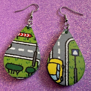 City Road Carpet Earrings: Laser Cut Acrylic Traffic Light, Car, Driving, Roads, Buildings, School Bus, Toy, Novelty, Gifts for Her/Him/Them