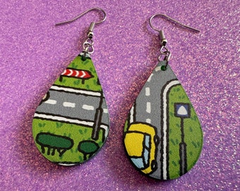 City Road Carpet Earrings: Laser Cut Acrylic Traffic Light, Car, Driving, Roads, Buildings, School Bus, Toy, Novelty, Gifts for Her/Him/Them