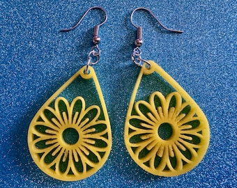 Sunflower Earrings: Laser Cut Acrylic Sunflowers, Flower, Floral, Plant, Botany, Garden, Summer, Support Ukraine, Gifts for Her/Him/Them