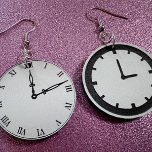 Clock Earrings: Laser Cut Acrylic Clocks, Time, Tick Tock, Novelty Earrings, Cosplay Earrings, Ticking, Best Gifts for Her/Him/Them