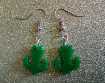 May include: A pair of green cactus earrings with silver hooks.