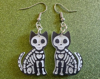 Dainty Halloween Cat Earrings: Laser Cut Acrylic Cat Skeletons, Black Cats, Spooky Cats, Kittens, Felines, Meow, Best Gifts for Her/Him/Them