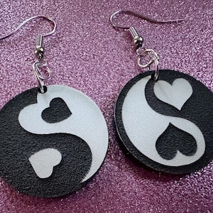 Heart Yin and Yang Earrings: Laser Cut Acrylic Yinyang, Hearts, Yin-Yang, Asian, Buddhist Philosophy, Zen, Best Gifts for Her/Him/Them