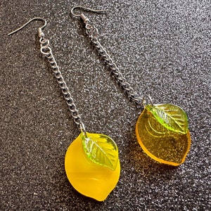 Lemon Earrings: Laser Cut Acrylic Lemons with Green Leaves, Lemonade, Fruit, Citrus, Food Earrings, Gifts for Her/Him/Them