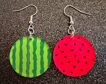 Watermelon Earrings: Laser Cut Acrylic Watermelons, Fruit, Summer Vibes, Food Earrings, Green Earrings, Sugar, Gifts for Her/Him/Them