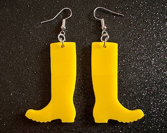 Rain Boot Earrings: Laser Cut Acrylic Boots, Rain, Weather, Yellow Boots, Rainy Day, Rubber Boots, Rain Gear ,Best Gifts for Her/Him/Them