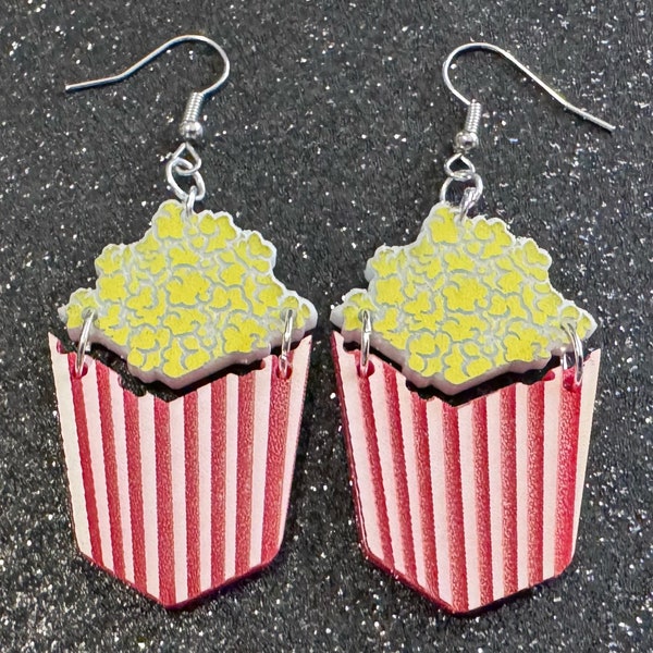 Popcorn Earrings: Laser Cut Acrylic Popcorn Bags, Movies, Popped Corn, Dessert, Snacks, Gallon Popcorn, Best Gifts for Her/Him/Them