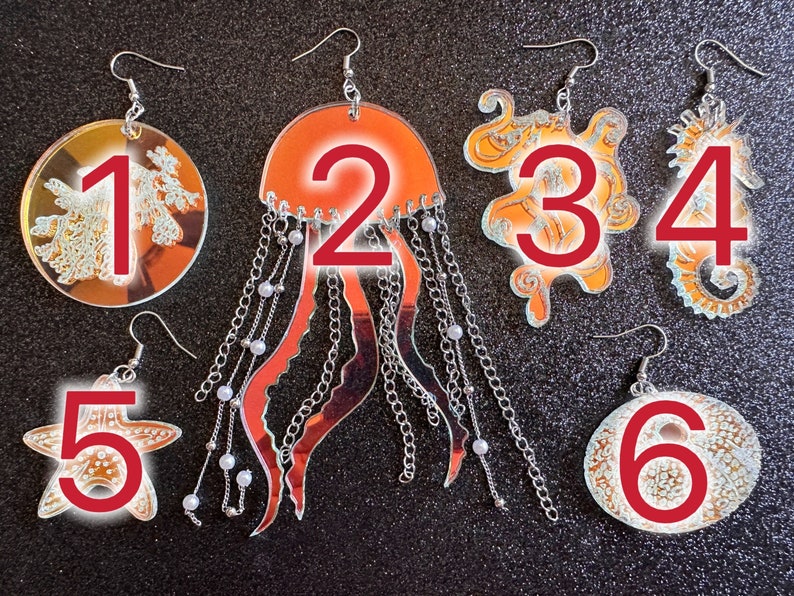 Ocean Creature Earrings: Laser Cut Acrylic Octopuses, Sea Urchins, Horses, Fish, Sea Dragons, Starfishes, Jellyfish, Gifts for Her/Him/Them image 2