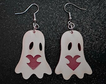Ghost Holding Heart Earrings: Laser Cut Acrylic Ghosts with Hearts, Halloween, Haunted, Scary, Spooky, Spirits, Best Gifts for Her/Him/Them