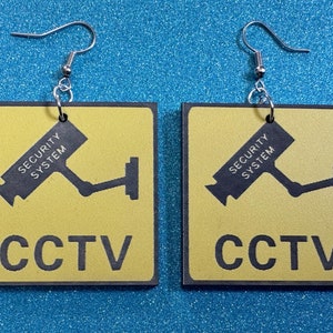 CCTV Sign Earrings: Laser Cut Acrylic Security Sign, Security Camera, Spy, Video Surveillance, Security, Video, Best Gifts for Her/Him/Them