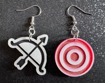 Archery Earrings: Laser Cut Acrylic Bow and Arrow, Bullseye, Play, Fun, Sports, Hobby, Shoot, Bull's Eye, Best Gifts for Her/Him/Them