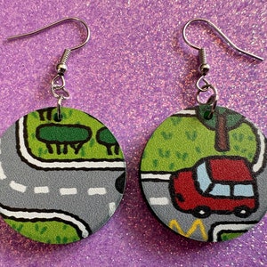 City Road Carpet Earrings: Laser Cut Acrylic Traffic Light, Car, Driving, Roads, Buildings, School Bus, Toy, Novelty, Gifts for Her/Him/Them