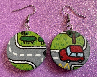 City Road Carpet Earrings: Laser Cut Acrylic Traffic Light, Car, Driving, Roads, Buildings, School Bus, Toy, Novelty, Gifts for Her/Him/Them