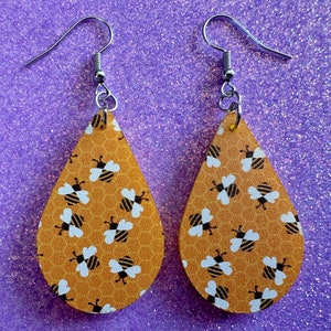 Bee Earrings: Laser Cut Acrylic Honey Bees, Bumblebees, Bumble Bees, Honeybees, Insects, Honey, Yellow, Hive, Best Gifts for Her/Him/Them