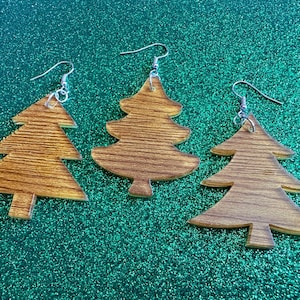 Faux Wood Christmas Tree Earrings: Laser Cut Acrylic Trees, Imitation Wood Earrings, Xmas, Winter, Gifts for Her/Him/Them
