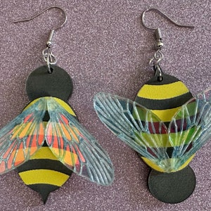 Bee Earrings: Laser Cut Acrylic Honey Bees, Bumblebees, Bumble Bees, Honeybees, Insects, Honey, Yellow, Hive, Best Gifts for Her/Him/Them