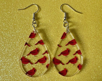 Red Cardinal Earrings: Laser Cut Acrylic Cardinals, Northern Cardinal, Birds, Feathers, Redbird, Zoo, Red Bird, Best Gifts for Her/Him/Them