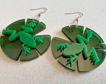 Frog on Lily Pad Earrings: Laser Cut Acrylic Green Frogs, Simple Frog Silhouette, Lily Pads, Fall Earrings, Animals, Gifts for Her/Him/Them