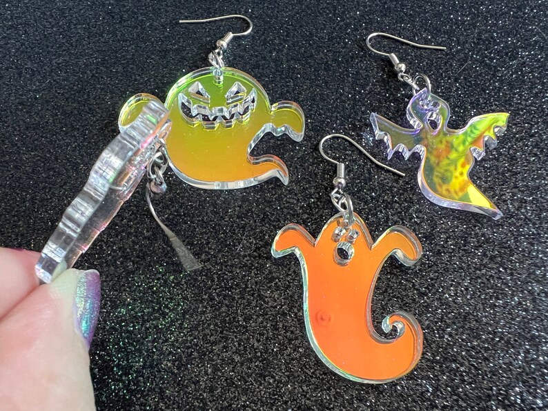 Iridescent Ghost Earrings: Laser Cut Acrylic Ghosts, Halloween, Haunted, Scary, Spooky, Gifts for Her/Him/Them image 6