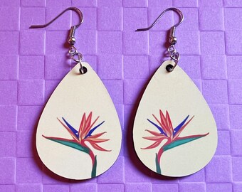 Cartoon Bird of Paradise Earring: Flower, Plants, Tropical Plant Earrings, Sublimated, Best Gifts for Her/Him/Them