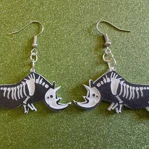 Dainty Halloween Rhino Earrings: Laser Cut Acrylic Rhinoceroses, Skeleton, Novelty Costume Jewelry, Gag Gift, Best Gifts for Her/Him/Them