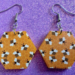 Bee Earrings: Laser Cut Acrylic Honey Bees, Bumblebees, Bumble Bees, Honeybees, Insects, Honey, Yellow, Hive, Best Gifts for Her/Him/Them